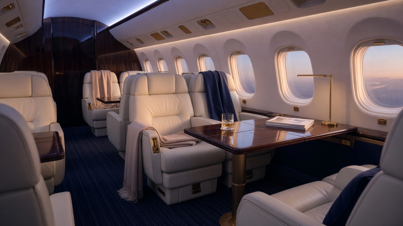 Ivory leather seating in a private jet cabin