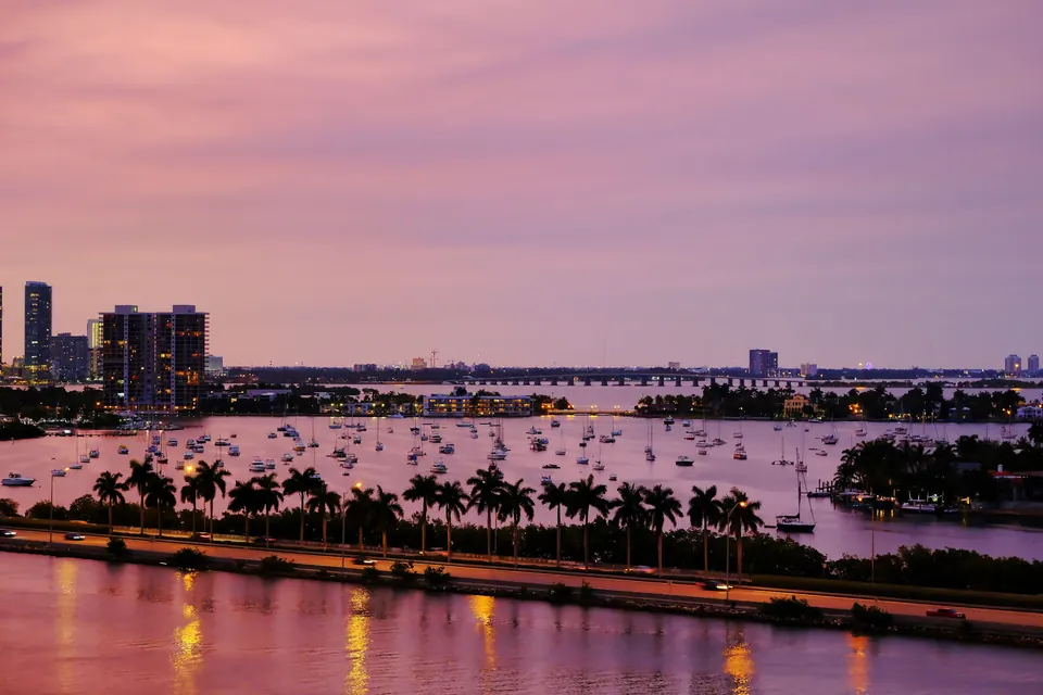 Pink and violet dusk over the water in Miami, with sailboats at anchor and a row of palms along a causeway