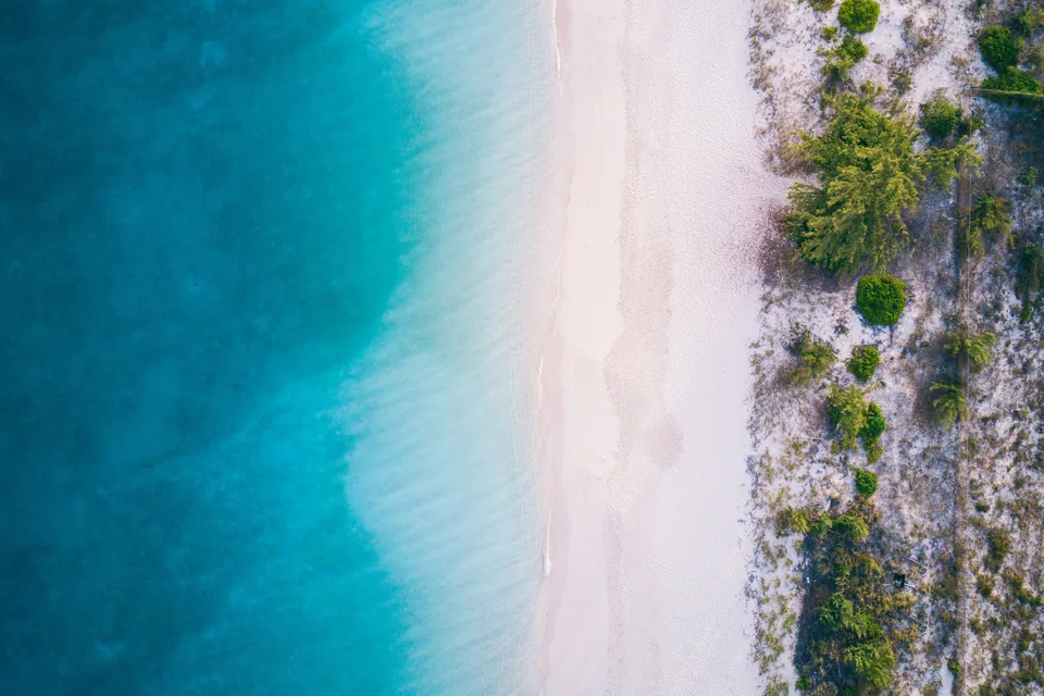 Looking straight down on Grace Bay Beach in Turks and Caicos: turquoise shallows, powder-white sand and green dune scrub