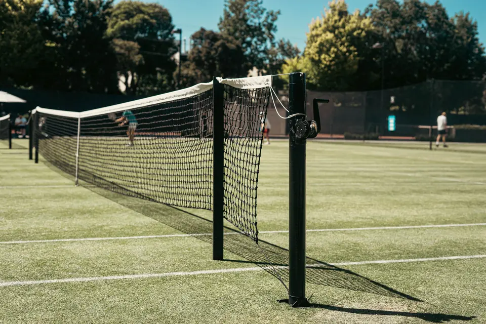A grass tennis court on a sunny afternoon, with the net and net post in the foreground and trees beyond